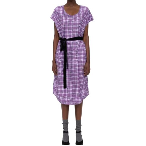 Theory belted silk viscose check midi dress purple size Medium M - Picture 1 of 9